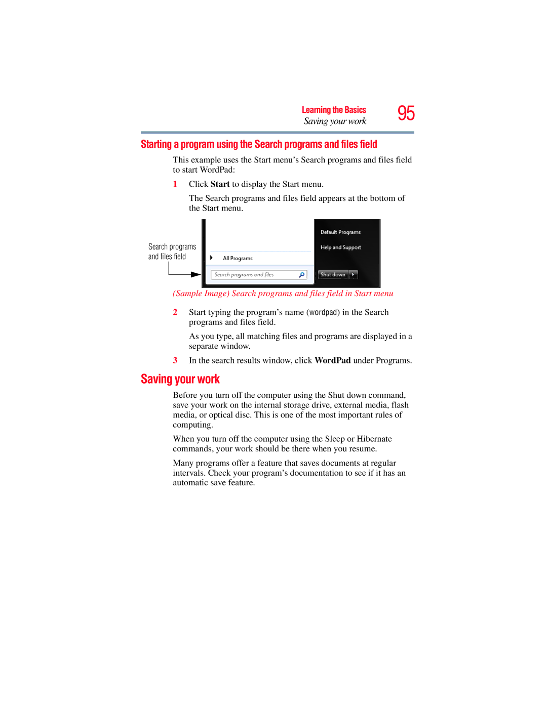 Toshiba E300 manual Saving your work, Sample Image Search programs and files field in Start menu 