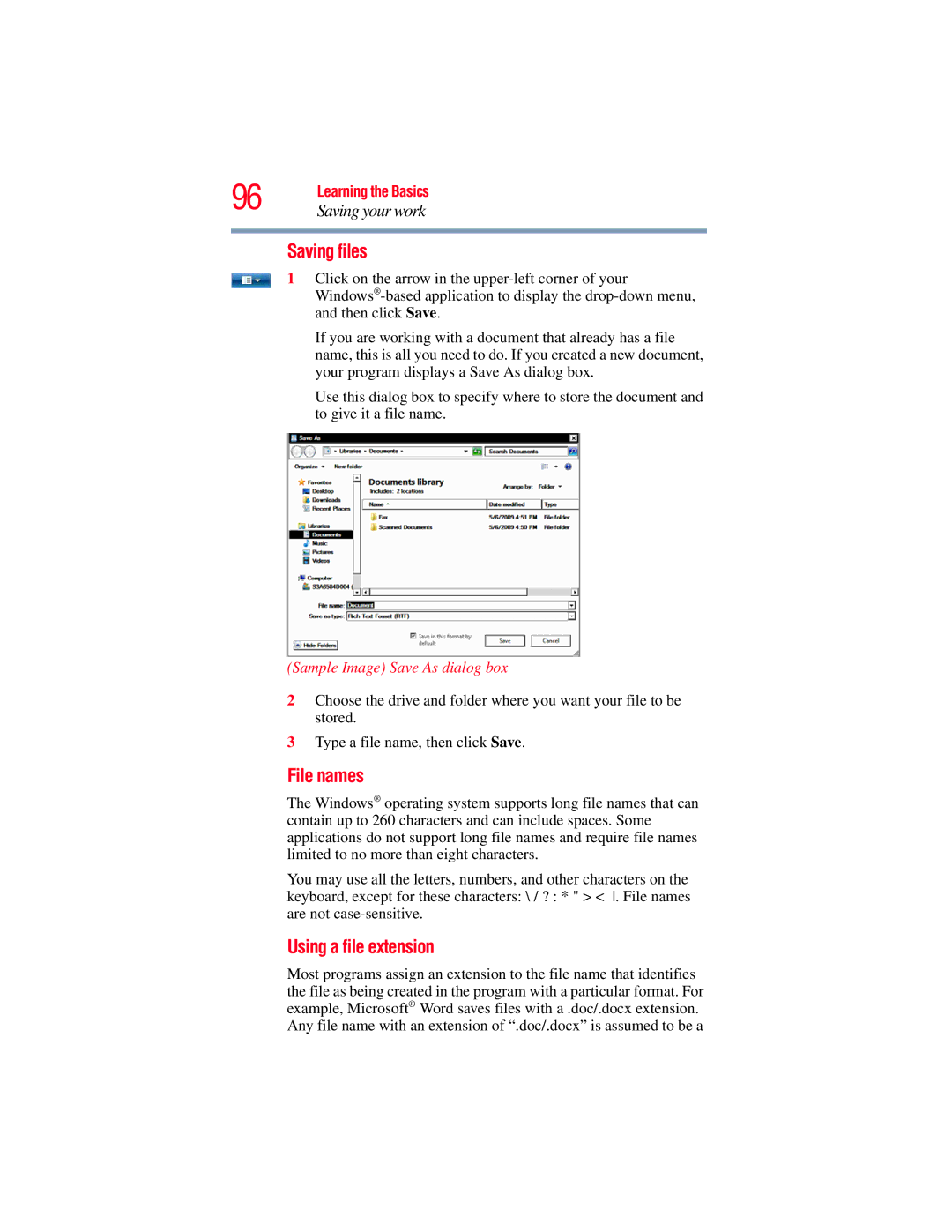 Toshiba E300 manual Saving files, File names, Using a file extension, Sample Image Save As dialog box 