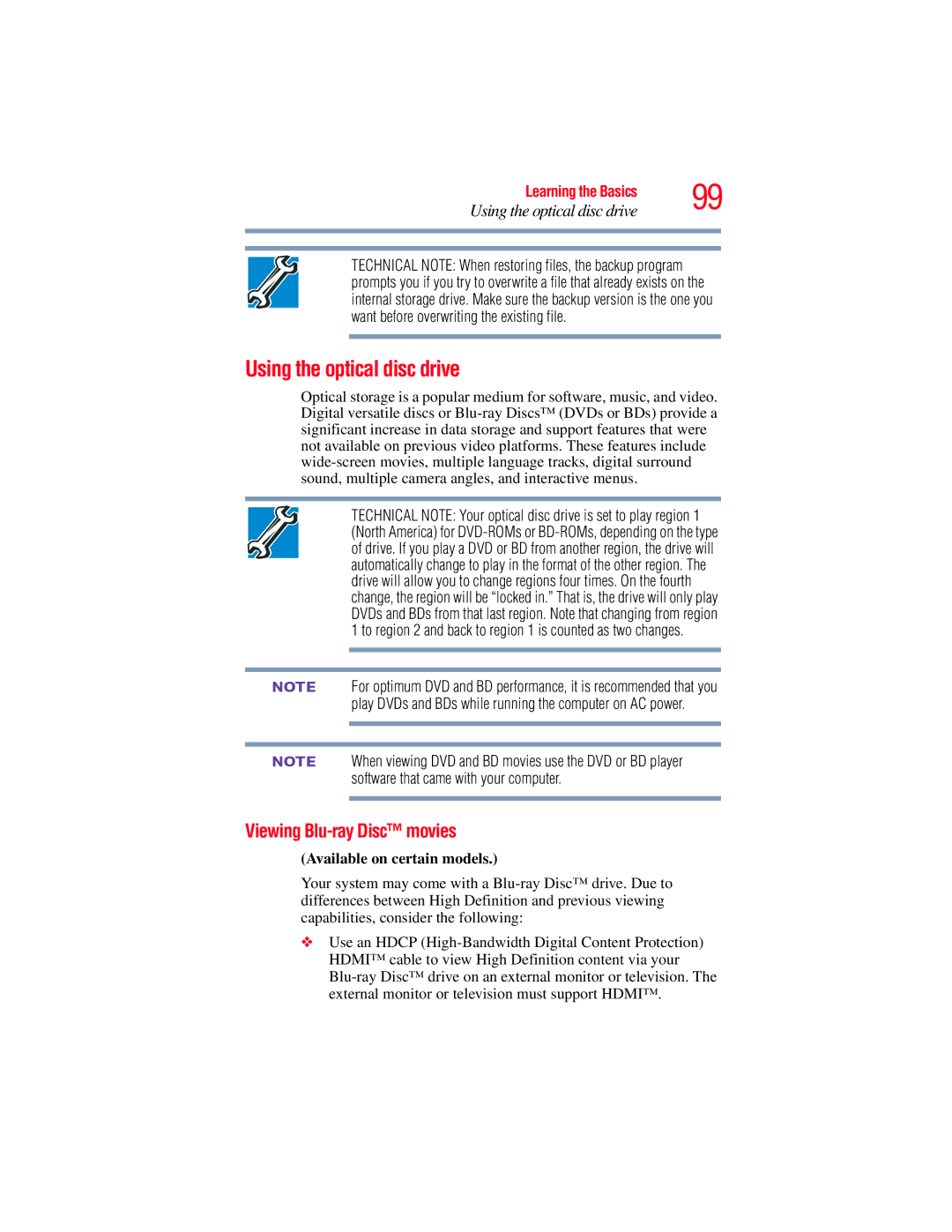 Toshiba E300 manual Using the optical disc drive, Viewing Blu-ray Disc movies, Available on certain models 