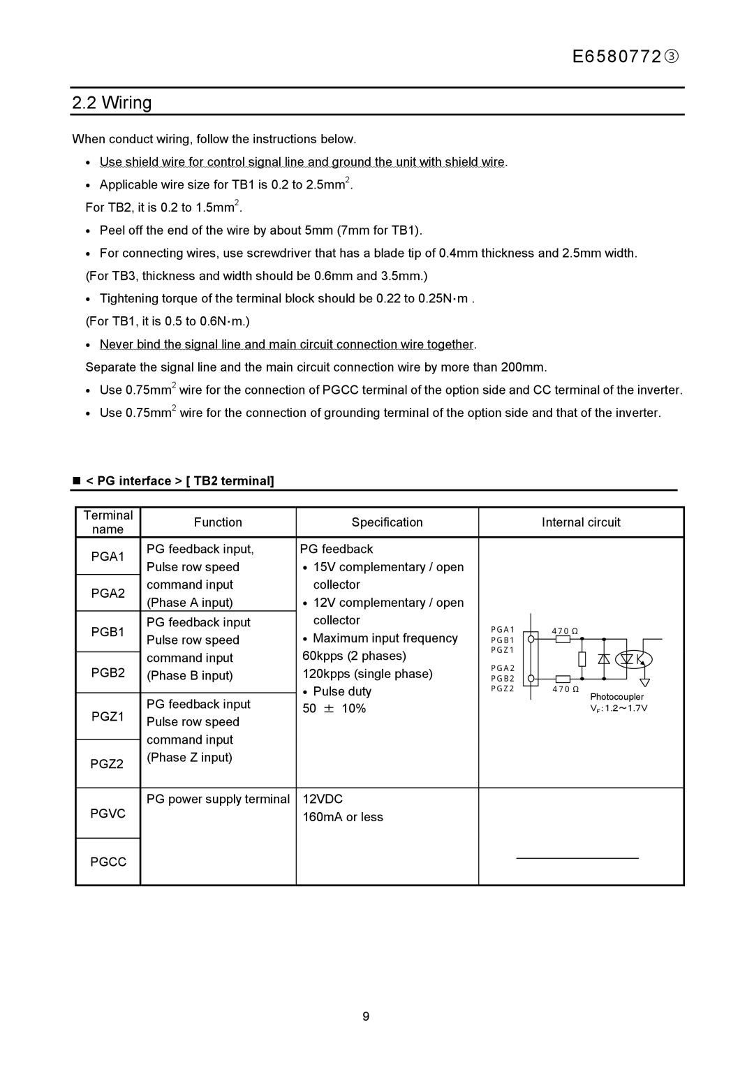 Toshiba instruction manual E6580772③ Wiring, „ PG interface TB2 terminal 