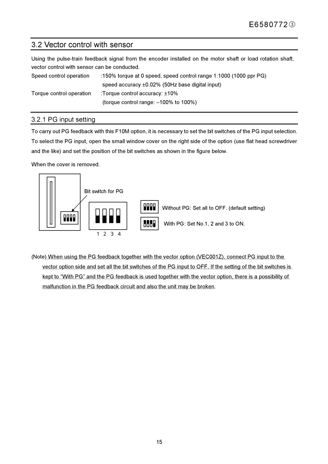 Toshiba instruction manual E6580772③ Vector control with sensor, PG input setting 