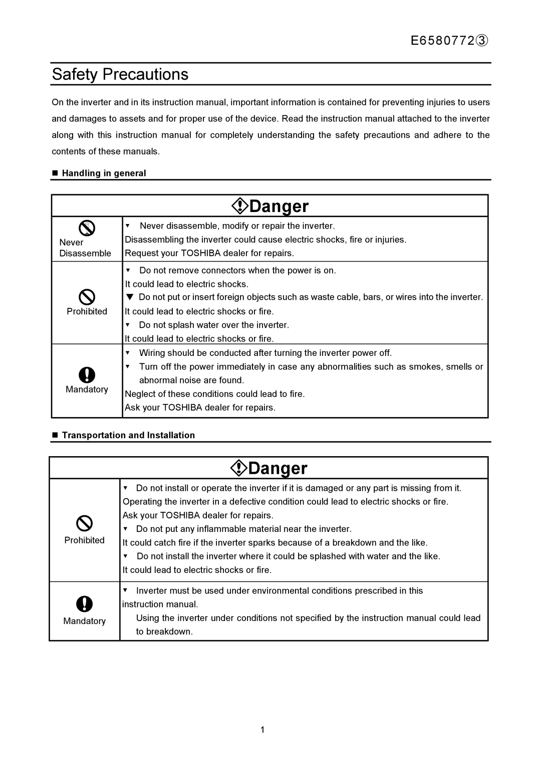 Toshiba E6580772 instruction manual Safety Precautions, „ Handling in general, „ Transportation and Installation 