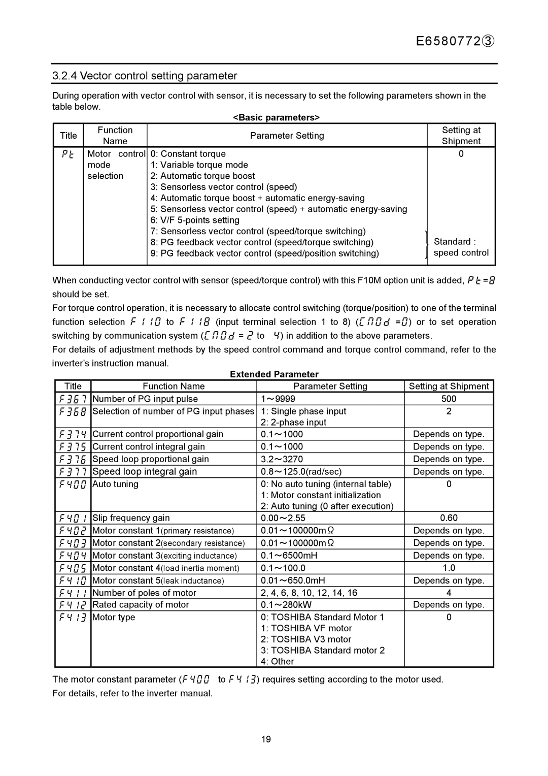 Toshiba E6580772 instruction manual Vector control setting parameter, Basic parameters, Extended Parameter 