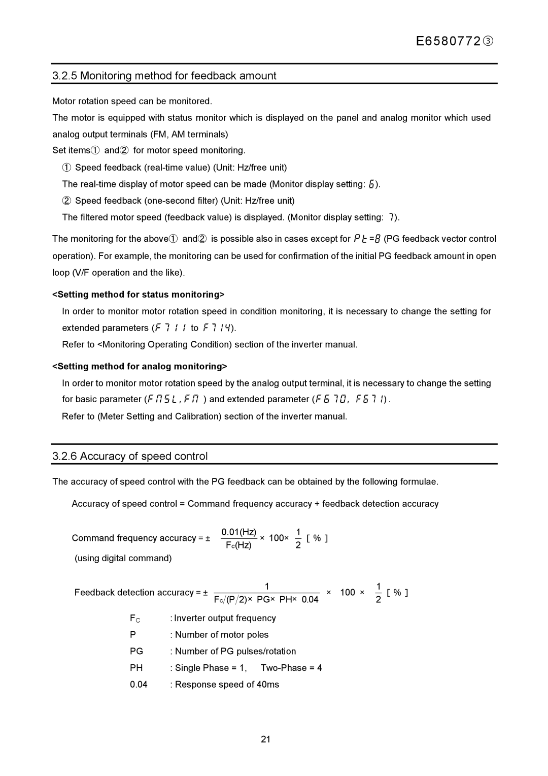 Toshiba E6580772 Monitoring method for feedback amount, Accuracy of speed control, Setting method for status monitoring 