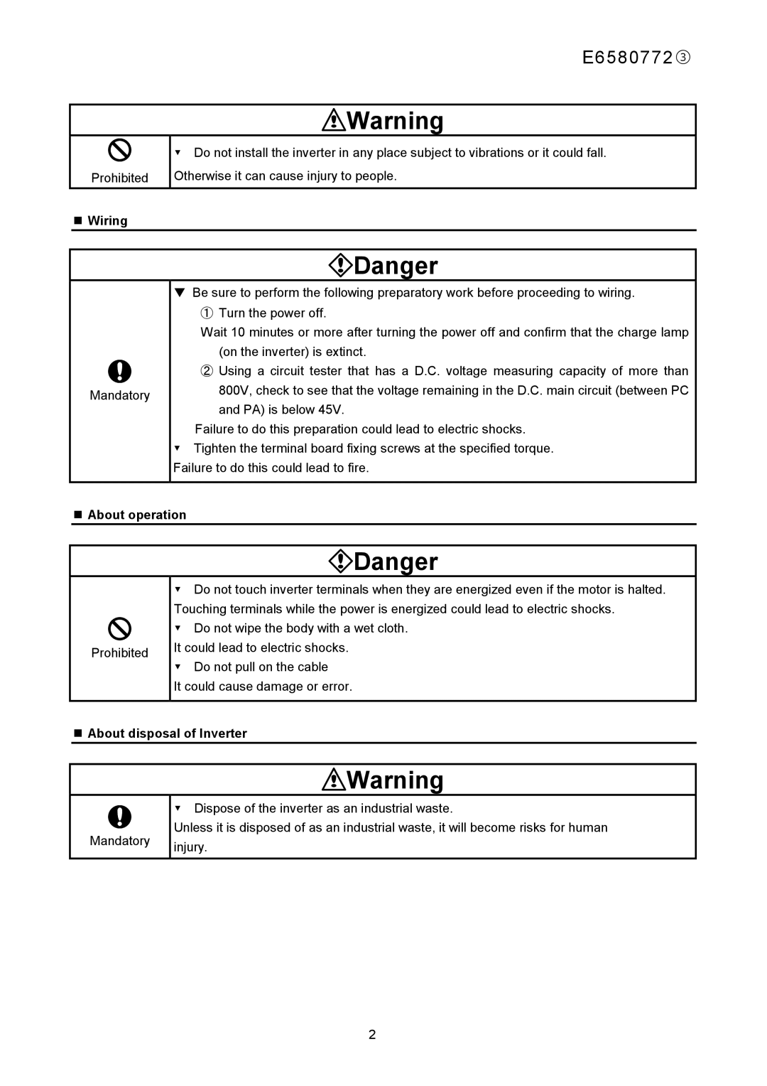 Toshiba E6580772 instruction manual „ Wiring, „ About operation, „ About disposal of Inverter 