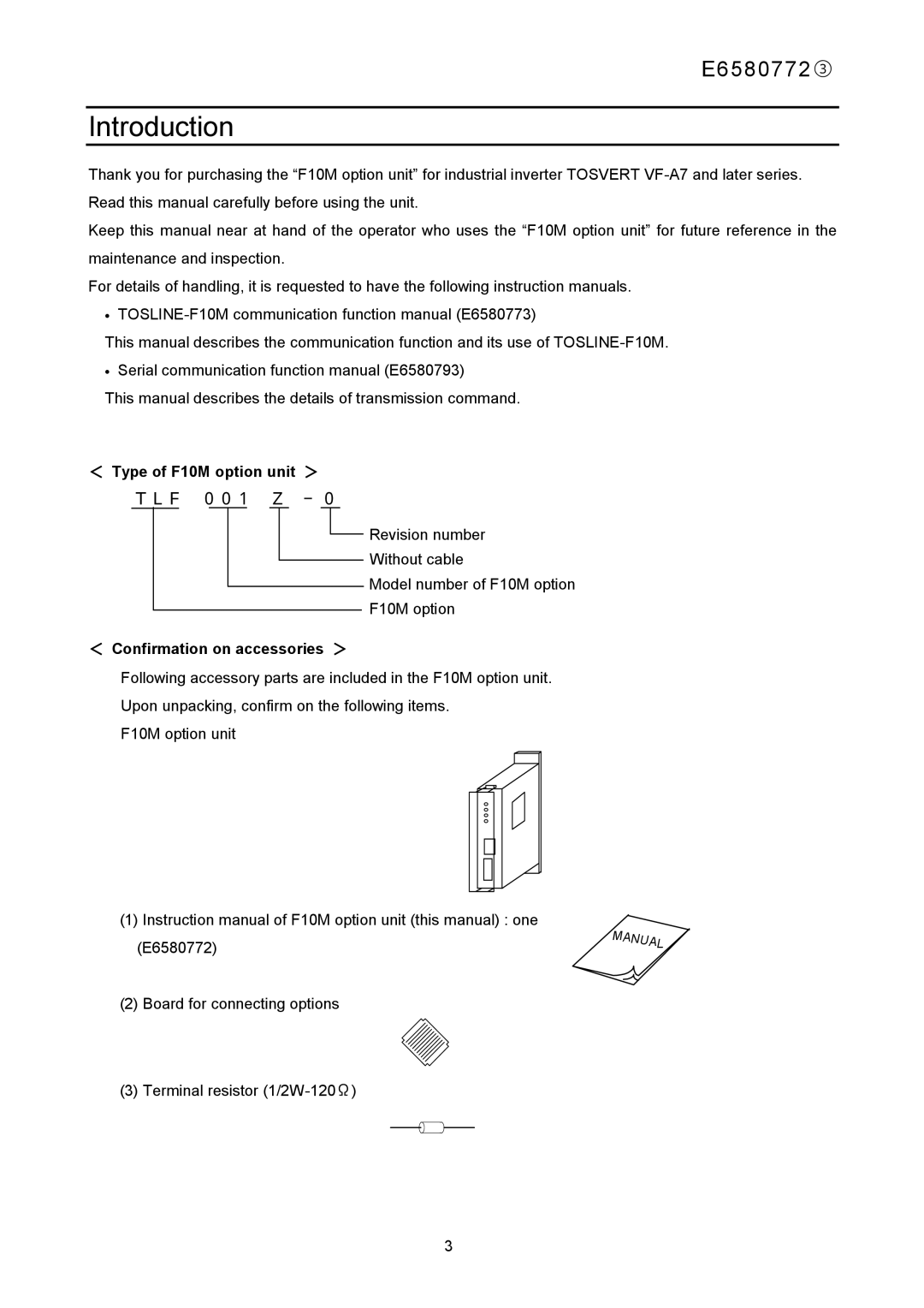 Toshiba E6580772 instruction manual Introduction, ＜ Type of F10M option unit ＞, ＜ Confirmation on accessories ＞ 