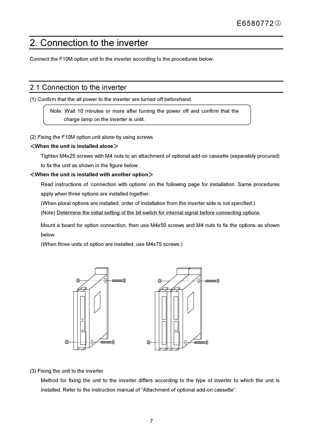 Toshiba E6580772 instruction manual Connection to the inverter, ＜When the unit is installed alone＞ 