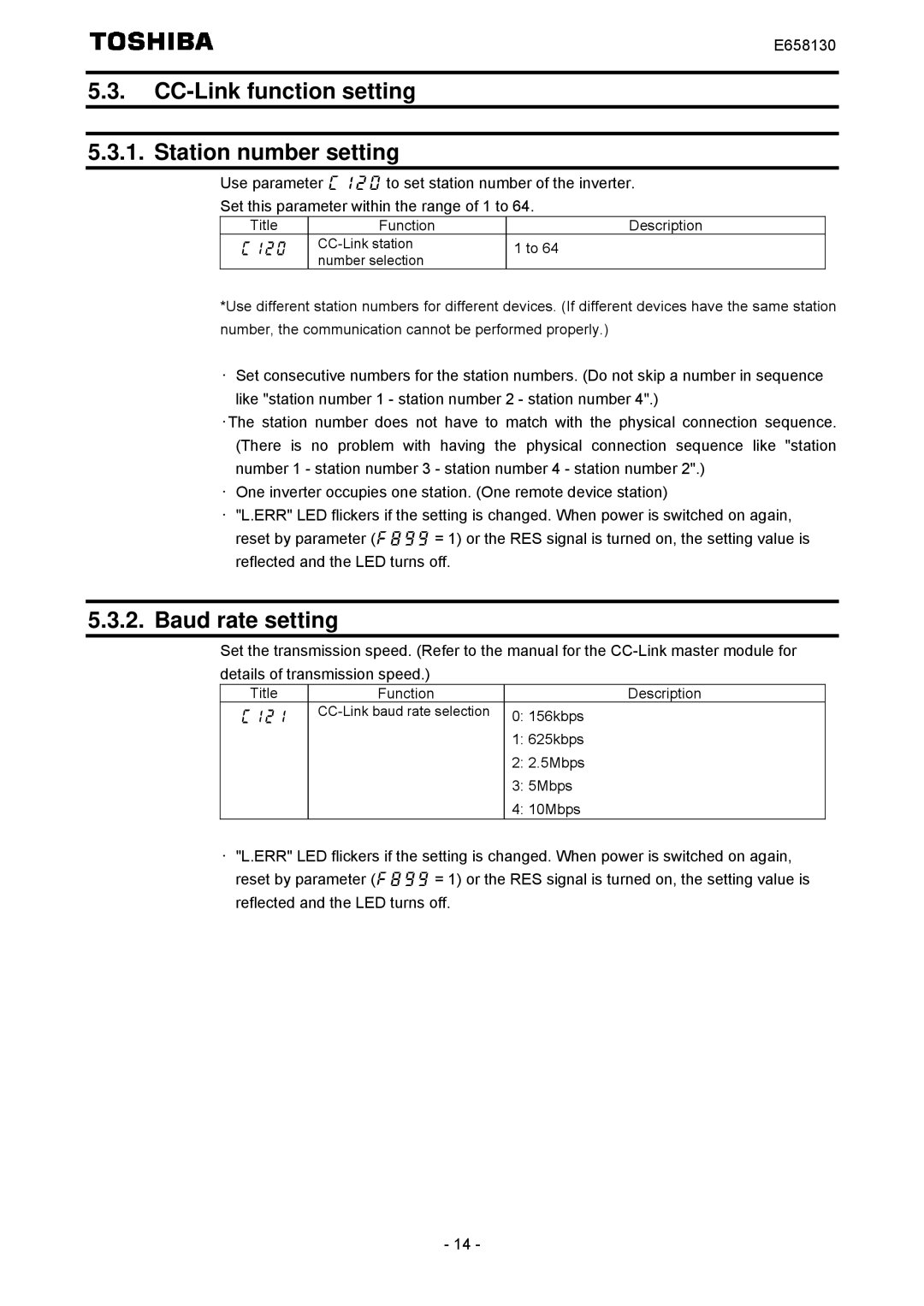 Toshiba E6581830 instruction manual CC-Link function setting Station number setting, Baud rate setting 