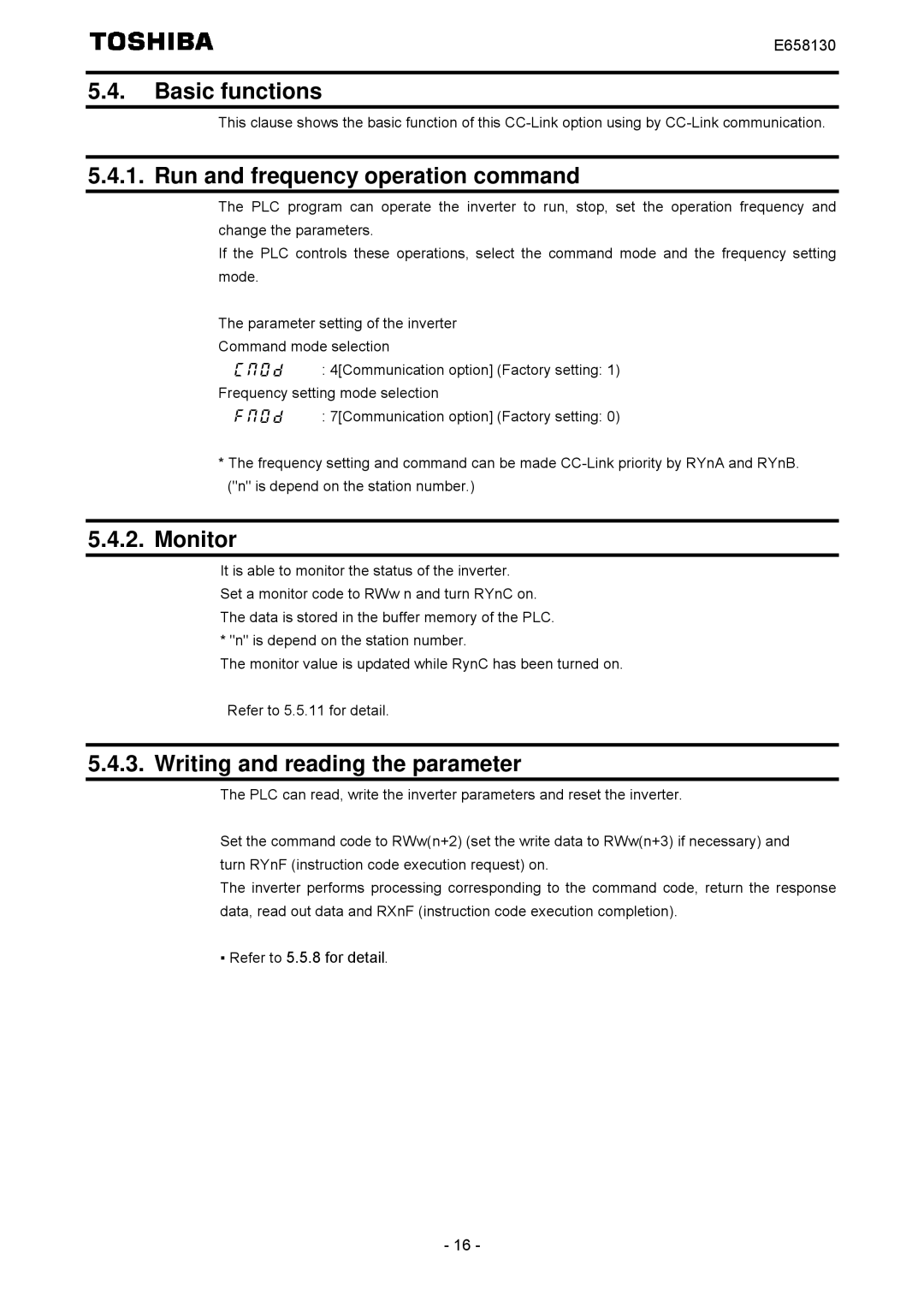 Toshiba E6581830 Basic functions, Run and frequency operation command, Monitor, Writing and reading the parameter 