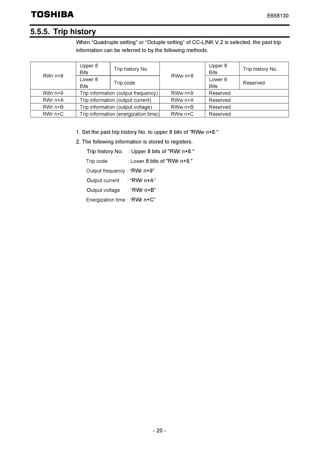 Toshiba E6581830 instruction manual Trip history 