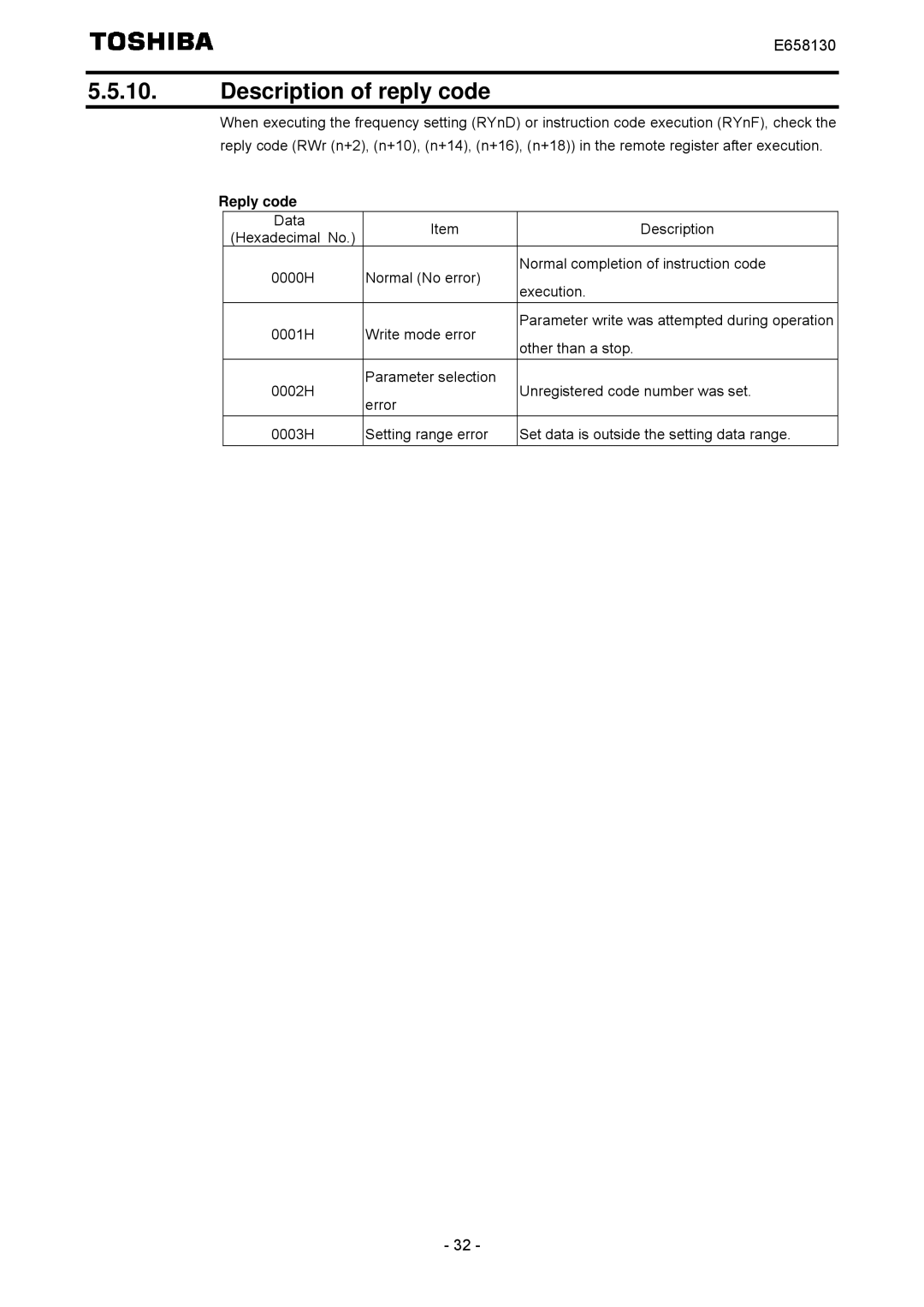 Toshiba E6581830 instruction manual Description of reply code, Reply code 