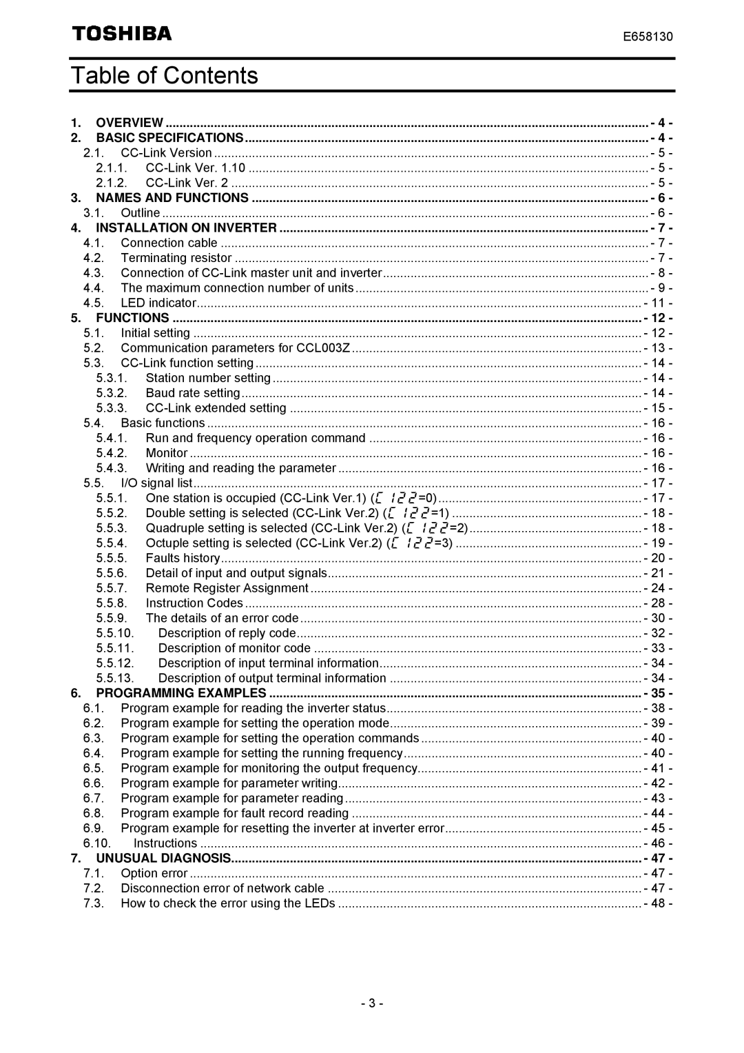 Toshiba E6581830 instruction manual Table of Contents 