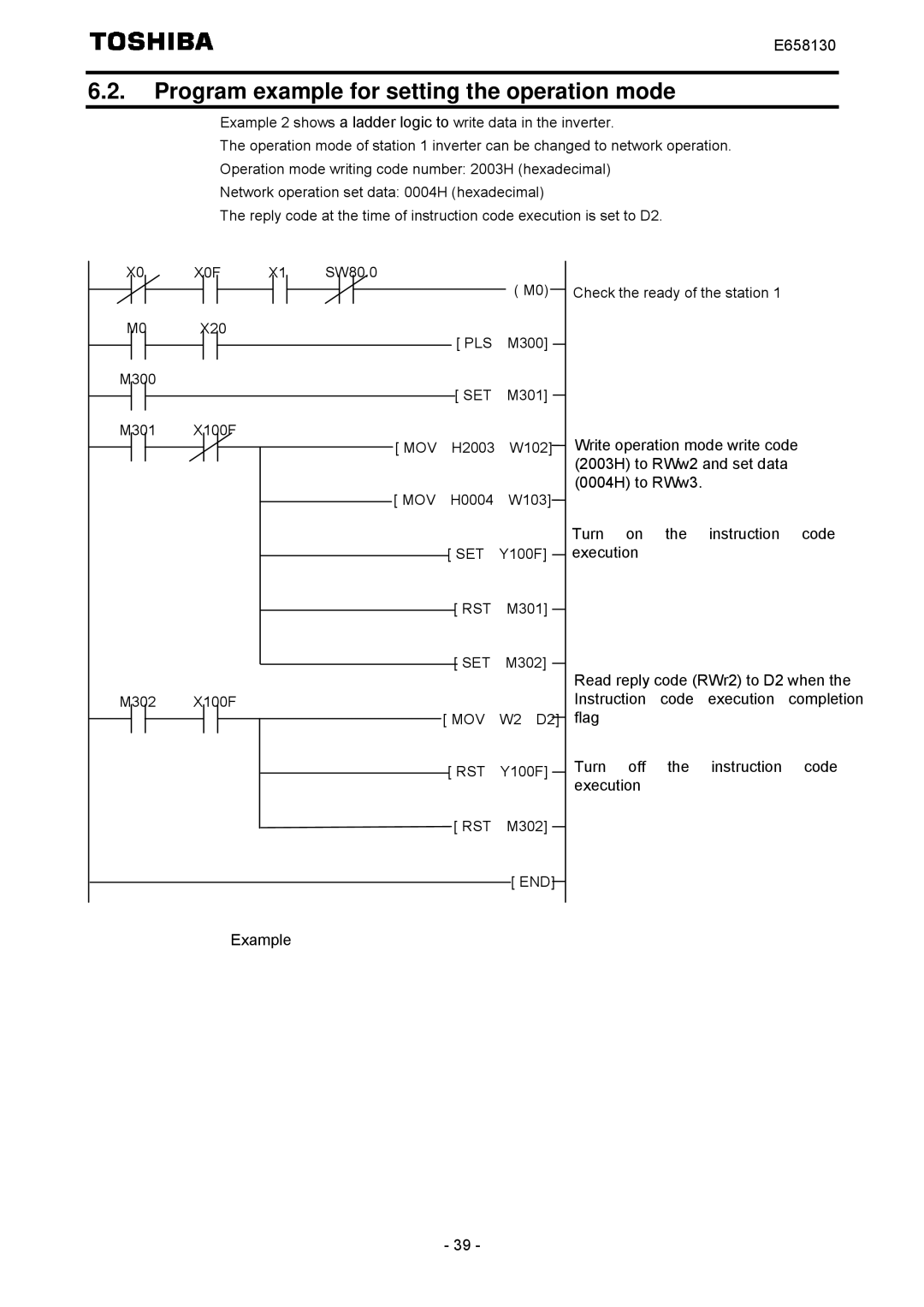 Toshiba E6581830 instruction manual Program example for setting the operation mode 