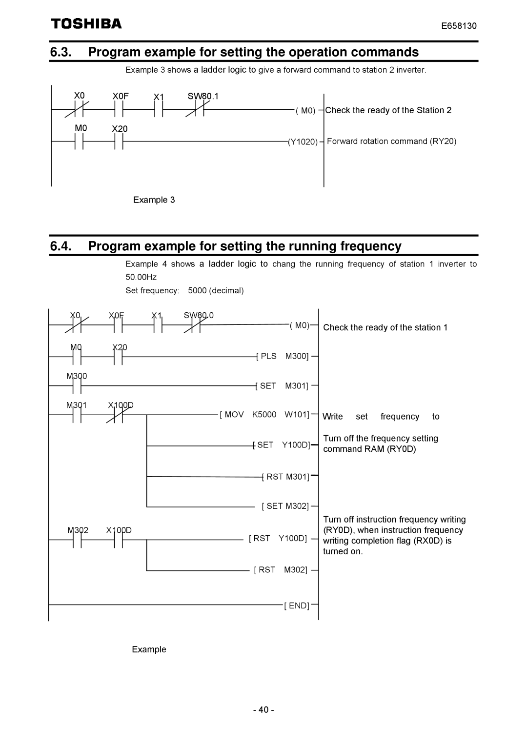 Toshiba E6581830 Program example for setting the operation commands, Program example for setting the running frequency 