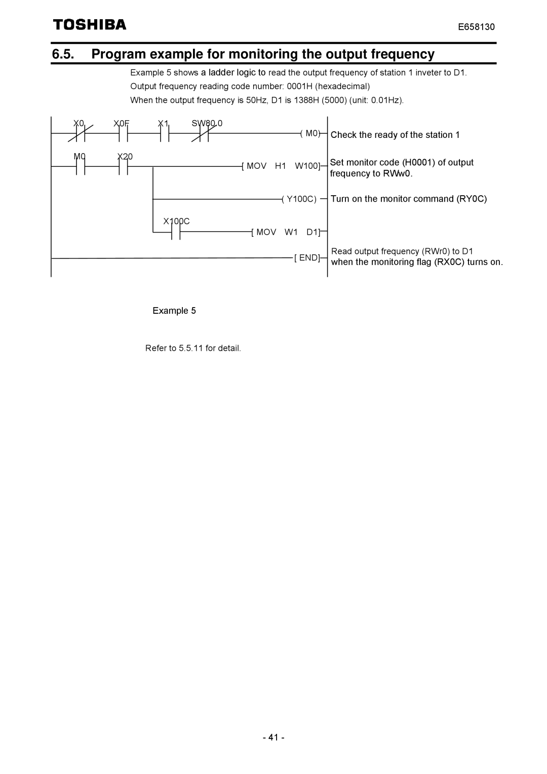 Toshiba E6581830 instruction manual Program example for monitoring the output frequency 