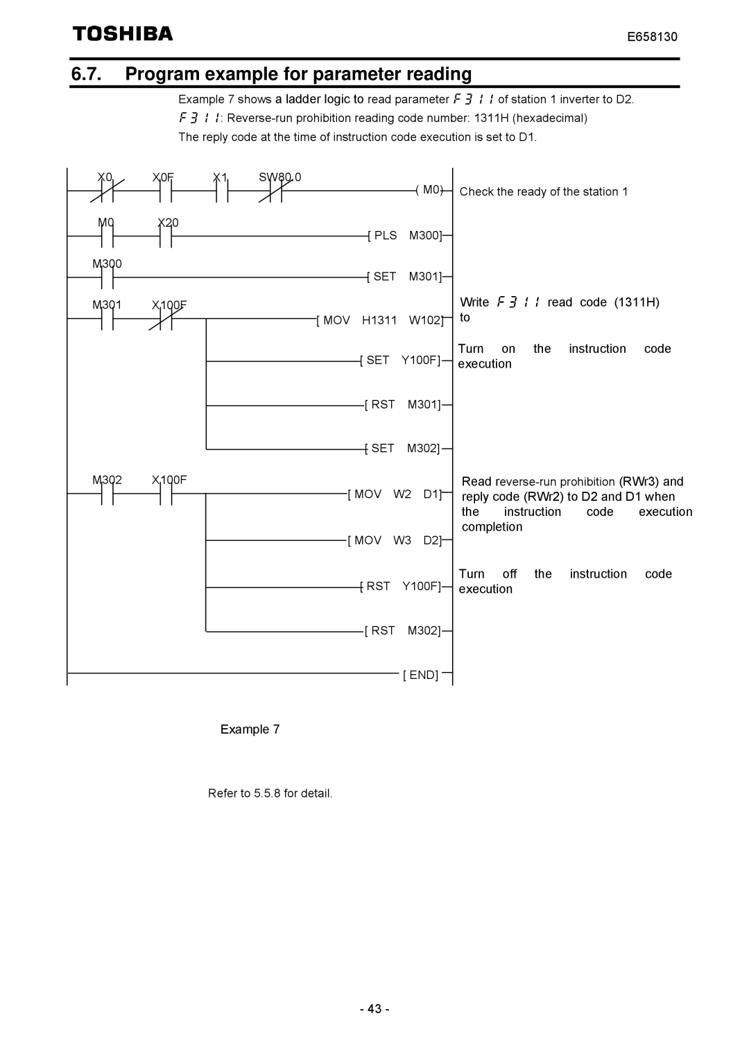 Toshiba E6581830 instruction manual Program example for parameter reading 