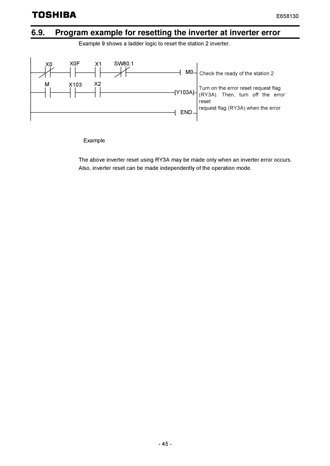 Toshiba E6581830 instruction manual Program example for resetting the inverter at inverter error 