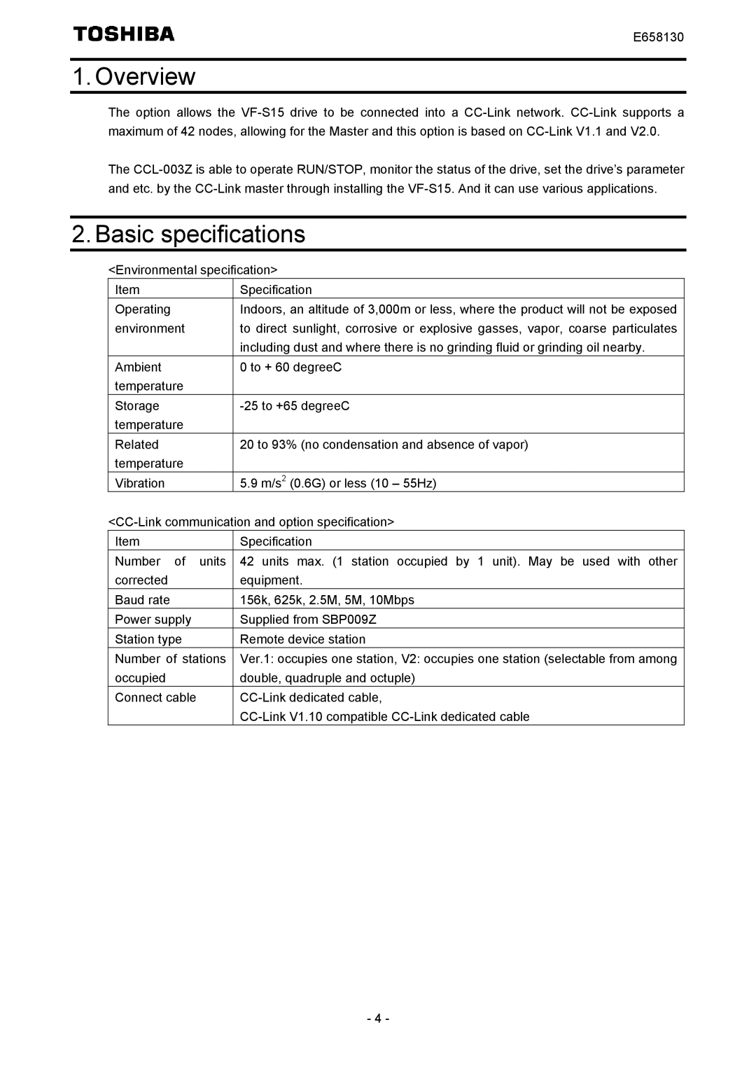 Toshiba E6581830 instruction manual Overview, Basic specifications 