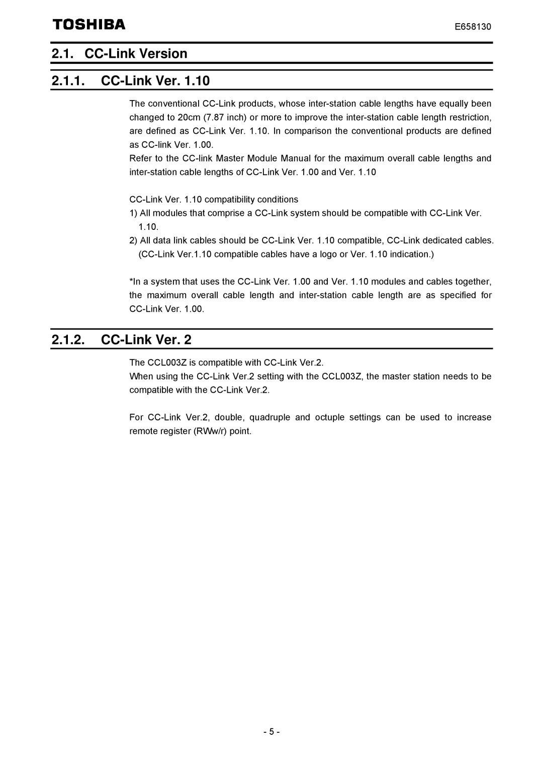 Toshiba E6581830 instruction manual CC-Link Version 