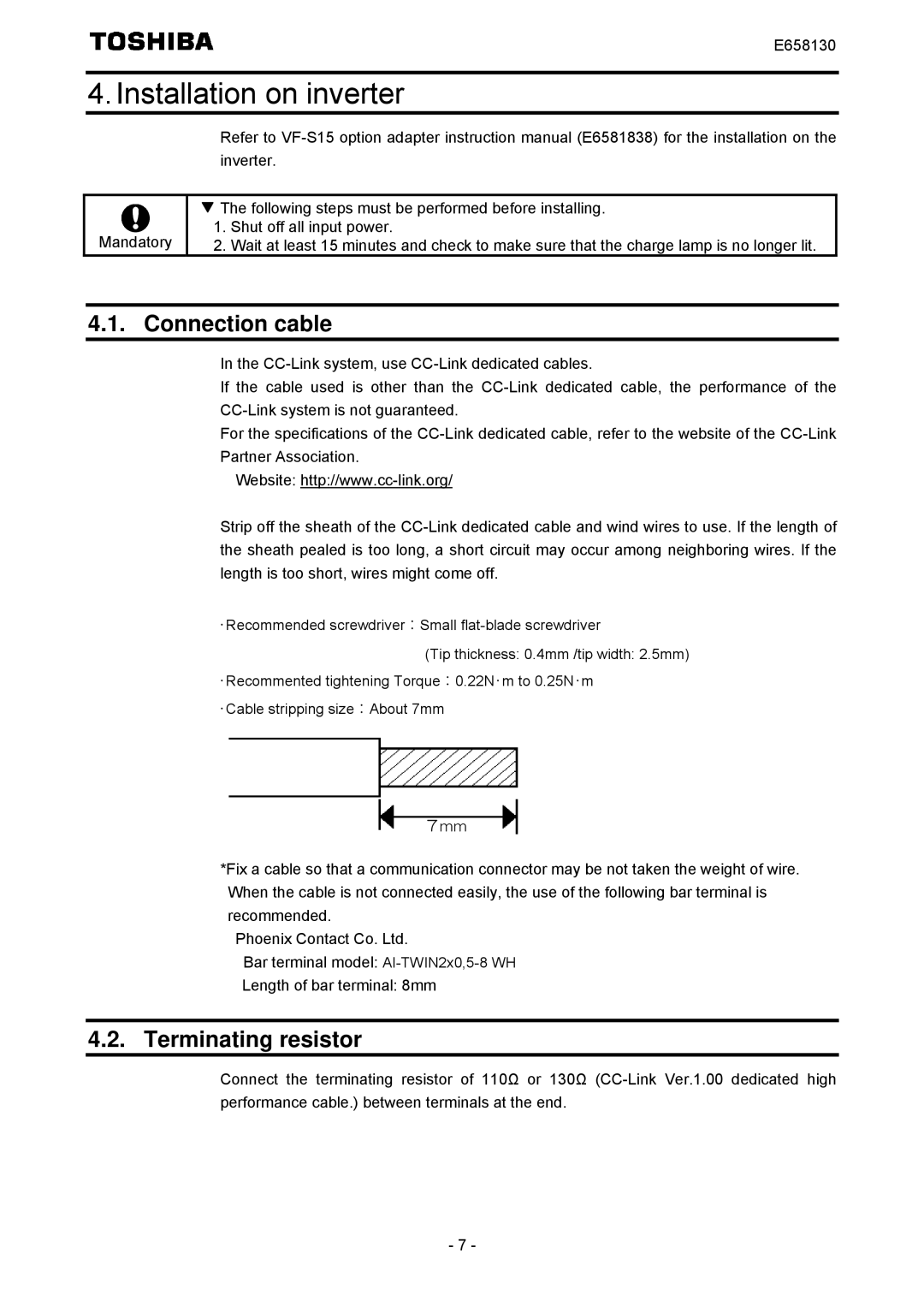 Toshiba E6581830 instruction manual Installation on inverter, Connection cable, Terminating resistor 