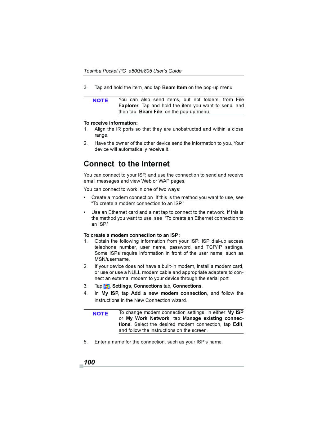 Toshiba e800, e805 manual Connect to the Internet, 100, To receive information, To create a modem connection to an ISP 