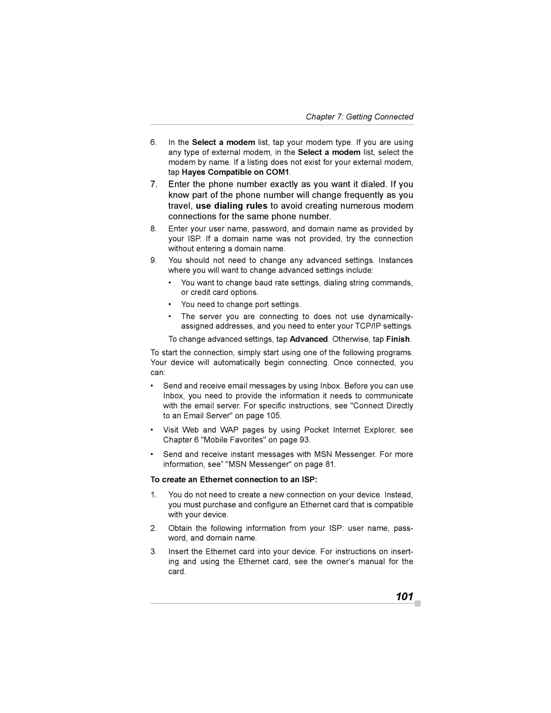 Toshiba e805, e800 manual 101, To create an Ethernet connection to an ISP 