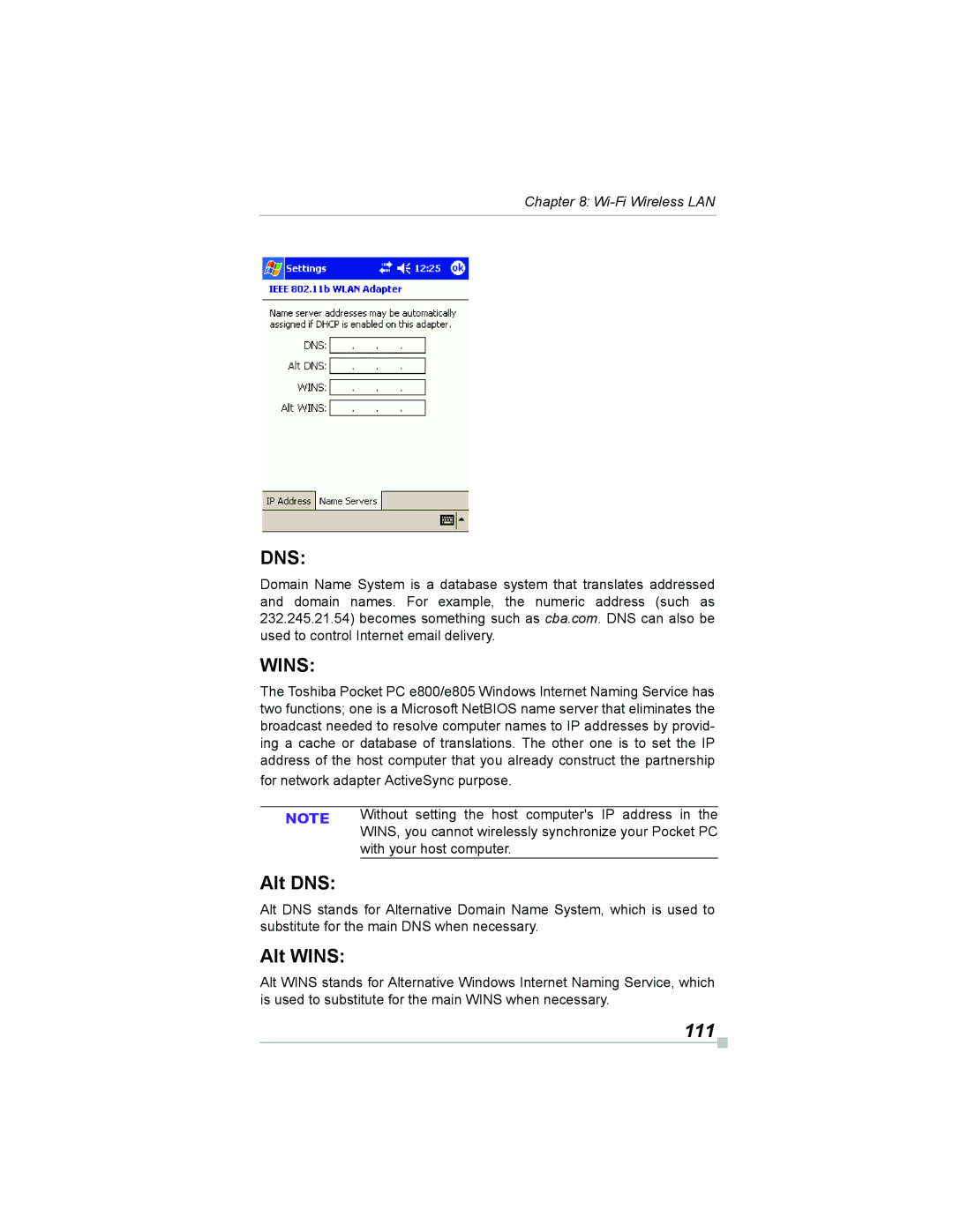 Toshiba e805, e800 manual Alt DNS, Alt Wins, 111, With your host computer 