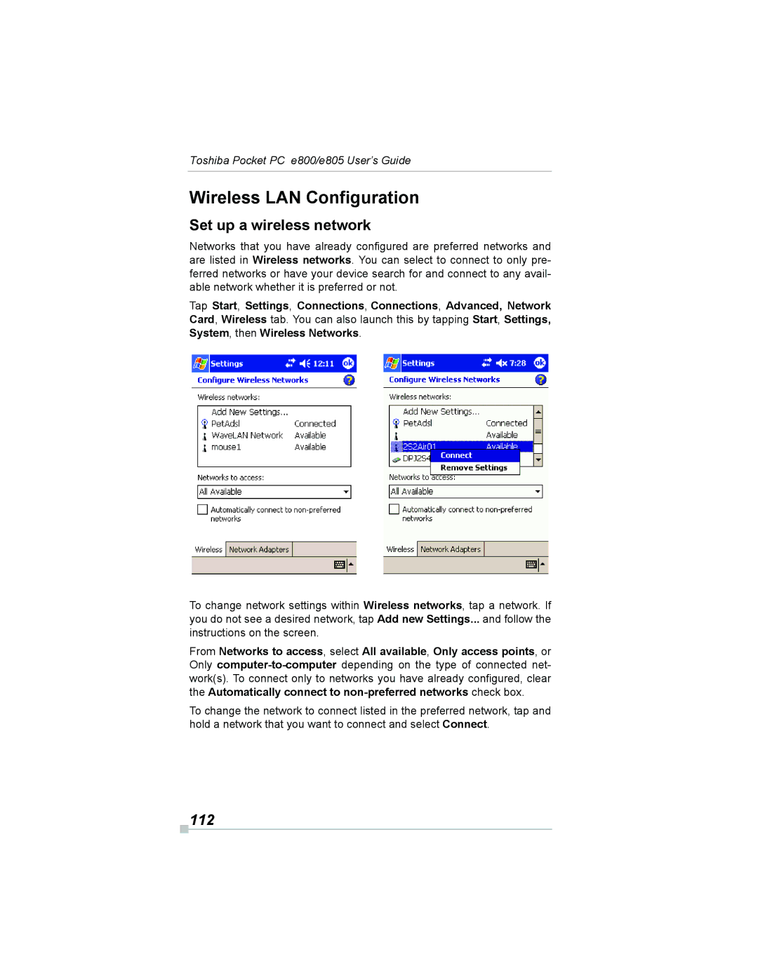 Toshiba e800, e805 manual Wireless LAN Configuration, Set up a wireless network, 112 