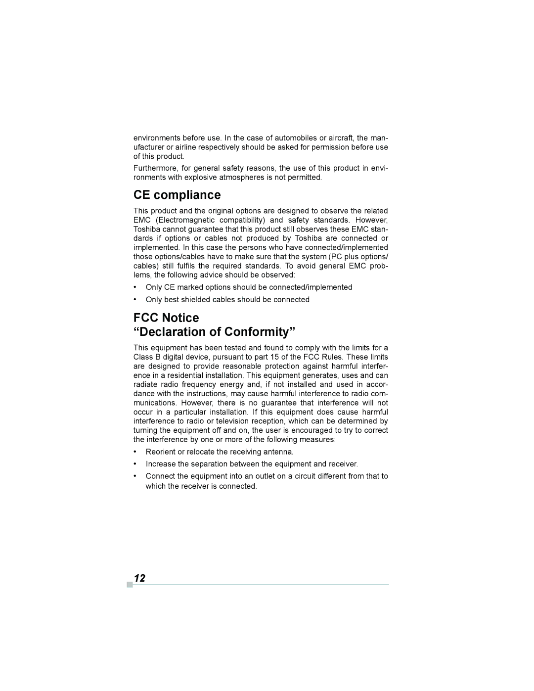 Toshiba e800, e805 manual CE compliance, FCC Notice Declaration of Conformity 