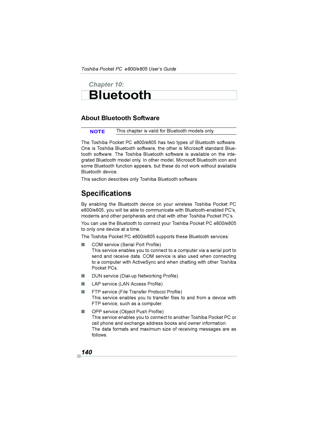 Toshiba e800, e805 manual Specifications, About Bluetooth Software, 140, This chapter is valid for Bluetooth models only 