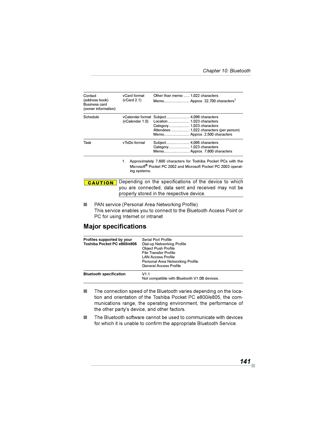 Toshiba e805, e800 manual Major specifications, 141 