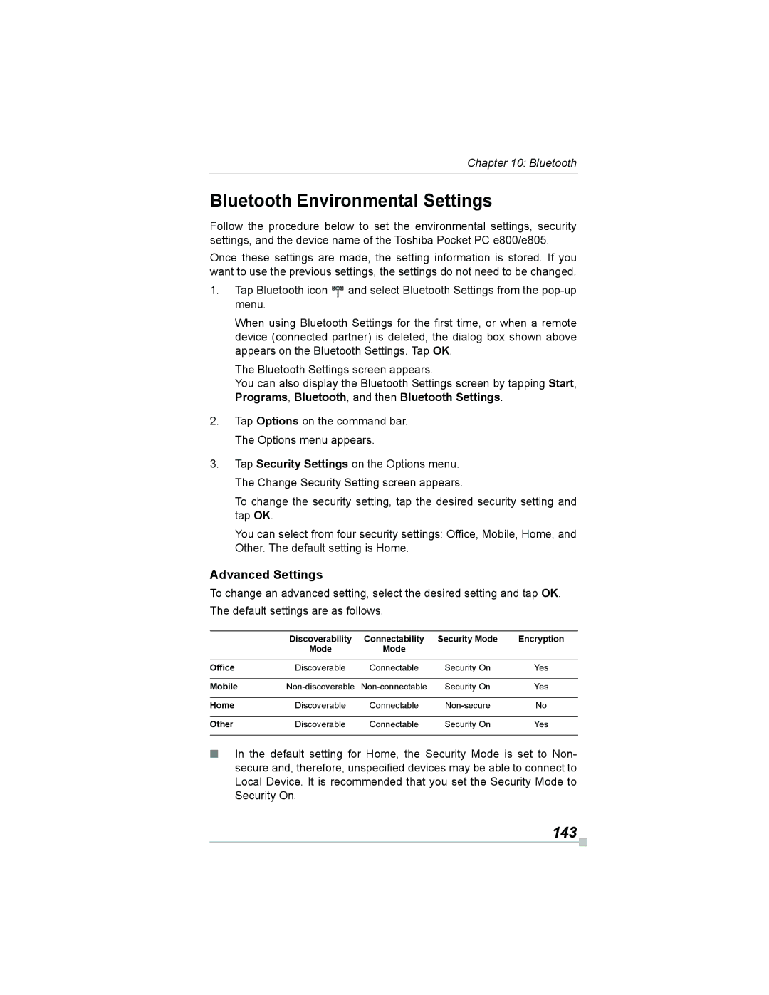 Toshiba e805, e800 manual Bluetooth Environmental Settings, 143, Advanced Settings 