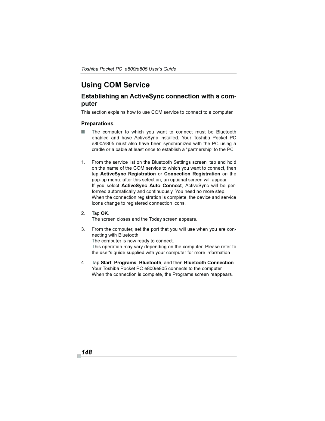 Toshiba e800, e805 manual Using COM Service, Establishing an ActiveSync connection with a com- puter, 148, Preparations 