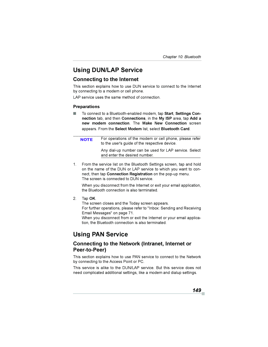 Toshiba e805, e800 manual Using DUN/LAP Service, Using PAN Service, Connecting to the Internet, 149 