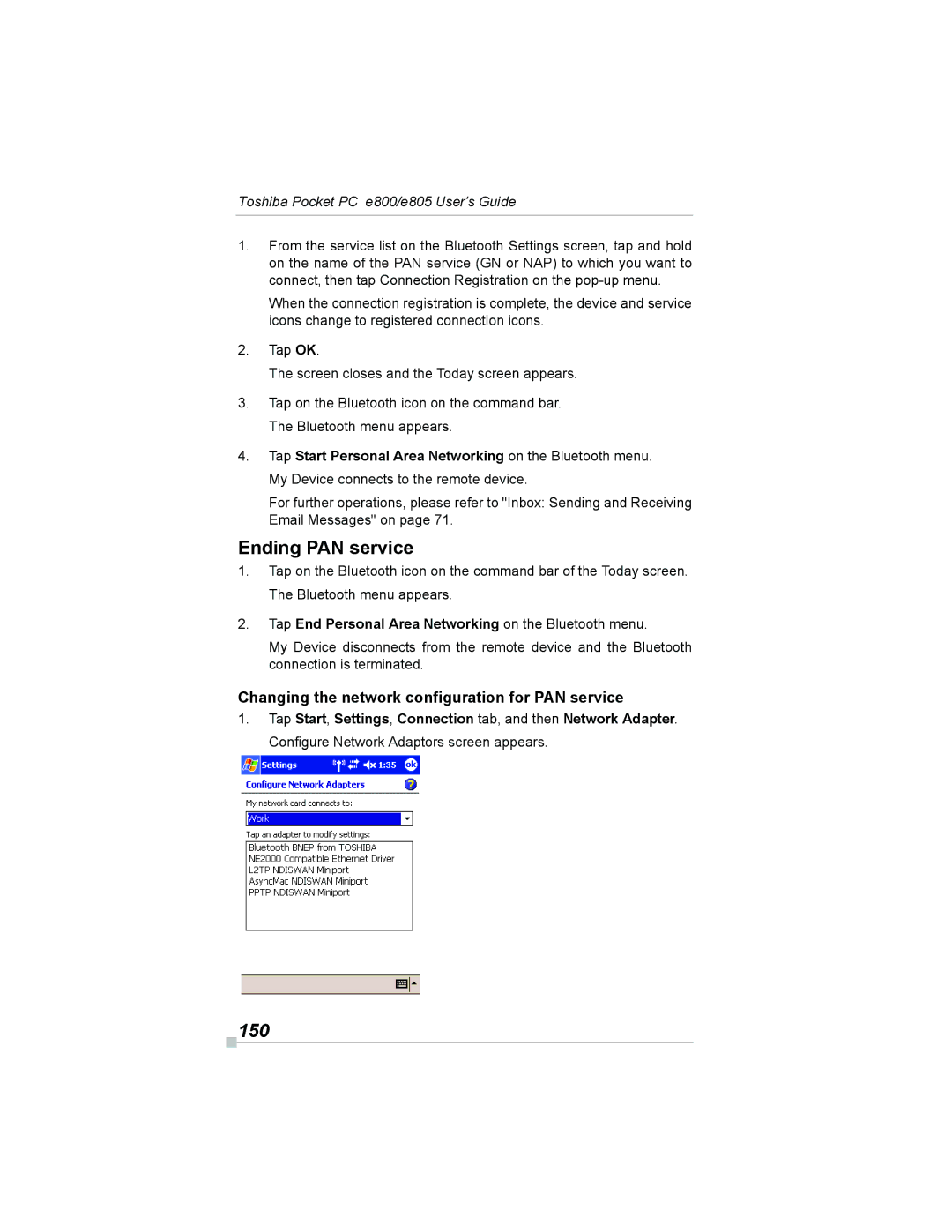 Toshiba e800, e805 manual Ending PAN service, 150, Changing the network configuration for PAN service 