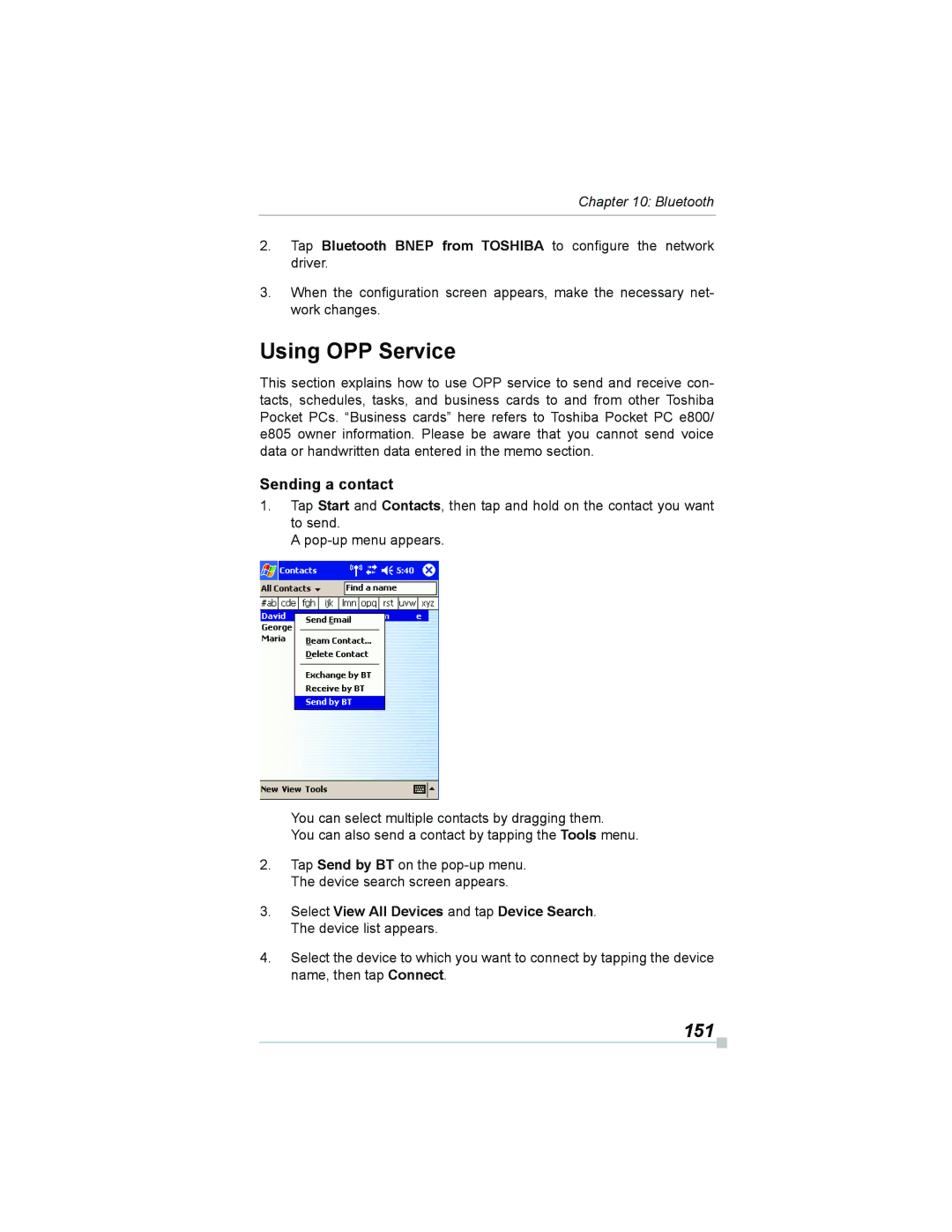 Toshiba e805, e800 manual Using OPP Service, 151, Sending a contact 