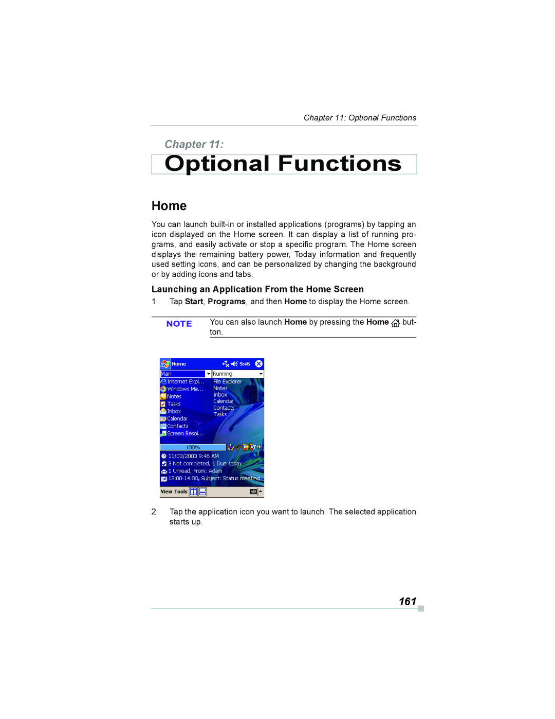 Toshiba e805, e800 manual 161, Launching an Application From the Home Screen 