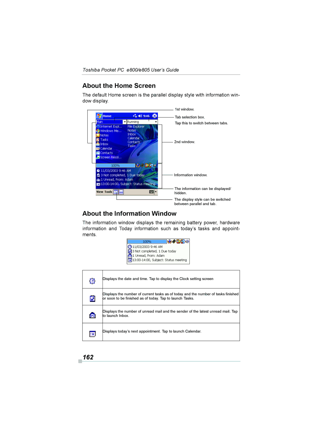 Toshiba e800, e805 manual About the Home Screen, About the Information Window, 162 