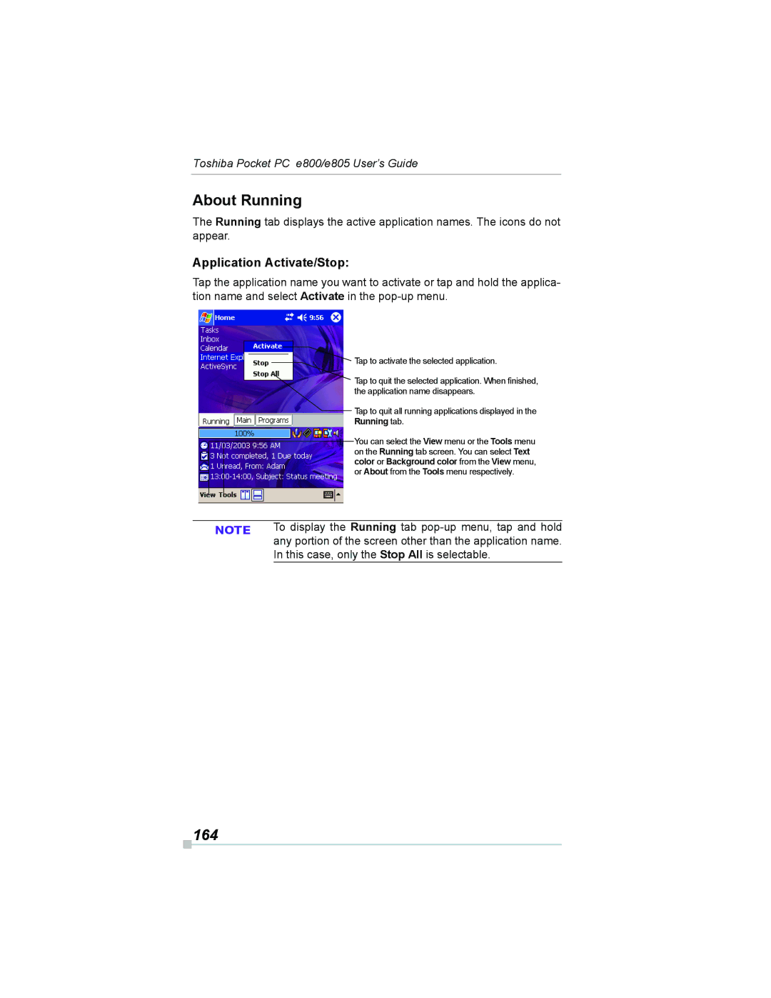 Toshiba e800, e805 About Running, 164, Application Activate/Stop, To display the Running tab pop-up menu, tap and hold 