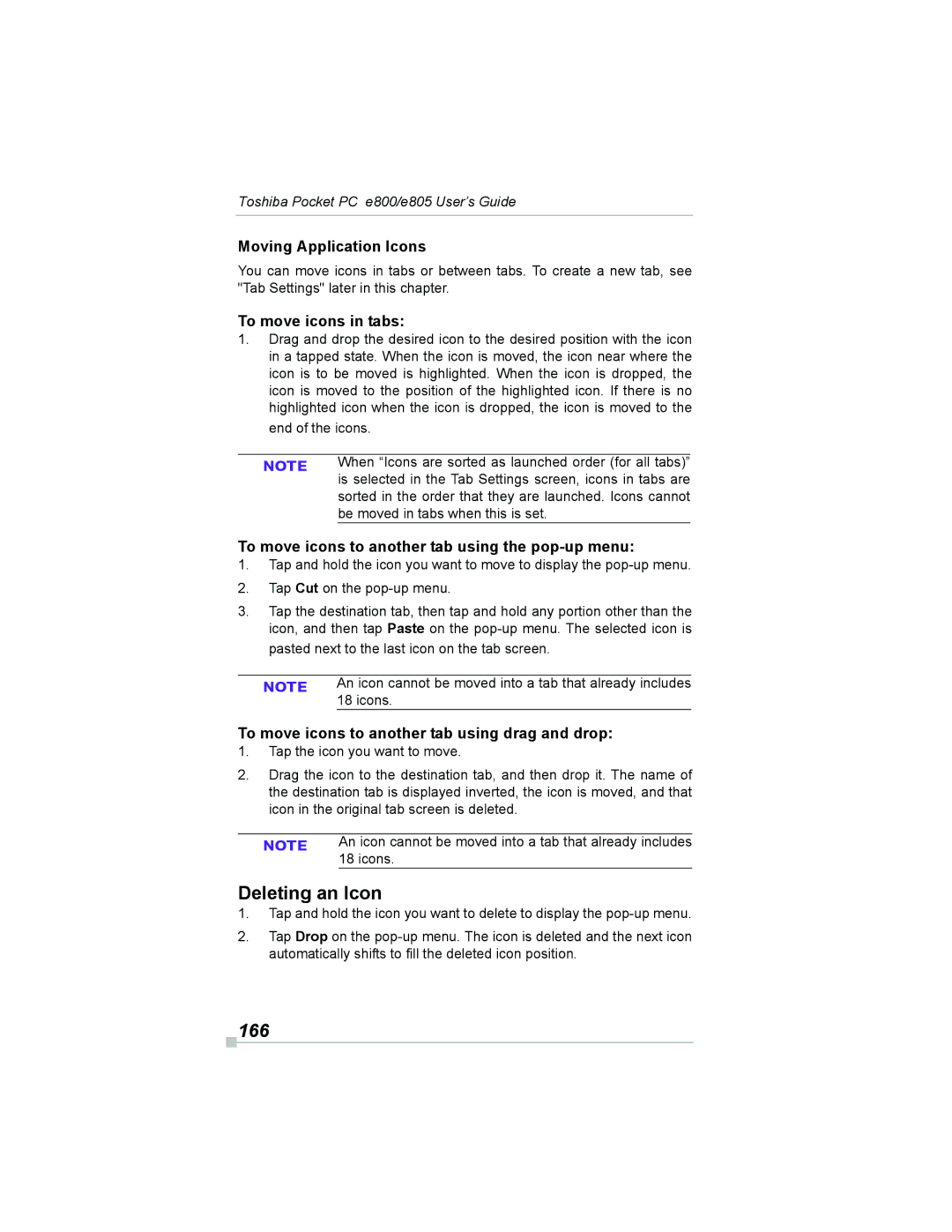 Toshiba e800, e805 manual Deleting an Icon, 166 