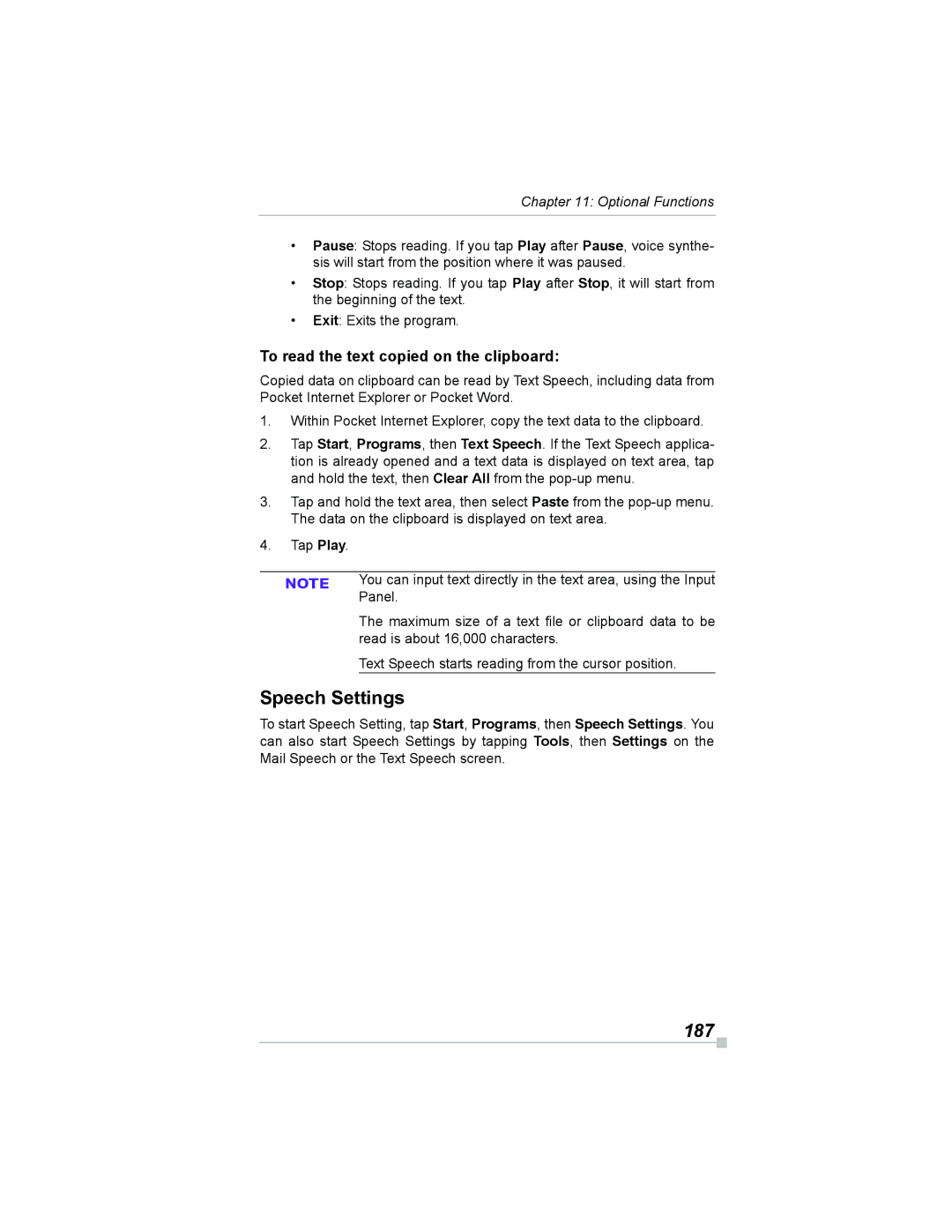 Toshiba e805, e800 manual Speech Settings, 187, To read the text copied on the clipboard 