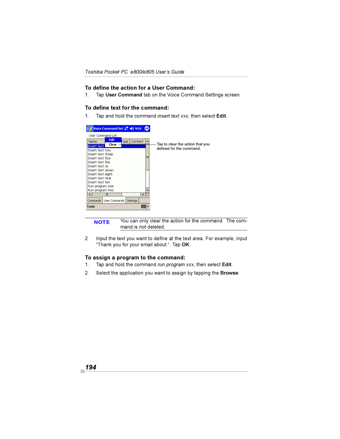 Toshiba e800, e805 manual 194, To define the action for a User Command, To define text for the command 