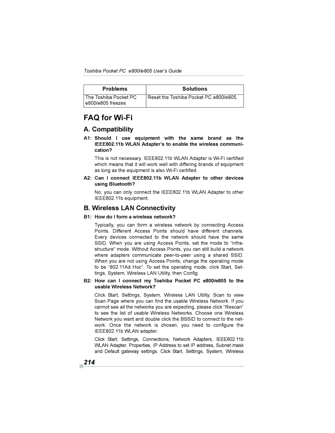 Toshiba e800, e805 manual FAQ for Wi-Fi, Compatibility, Wireless LAN Connectivity, 214, B1 How do I form a wireless network? 