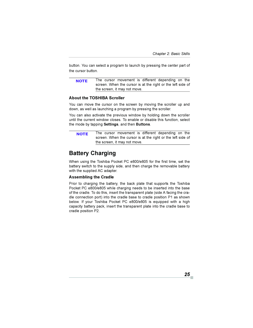 Toshiba e805, e800 manual Battery Charging, About the Toshiba Scroller, Assembling the Cradle 