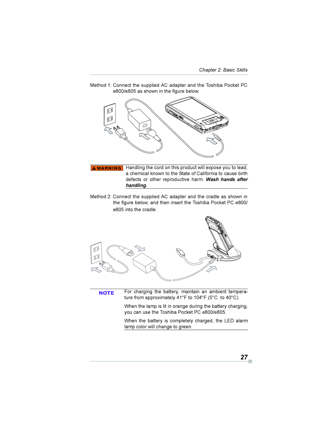 Toshiba manual You can use the Toshiba Pocket PC e800/e805, When the battery is completely charged, the LED alarm 