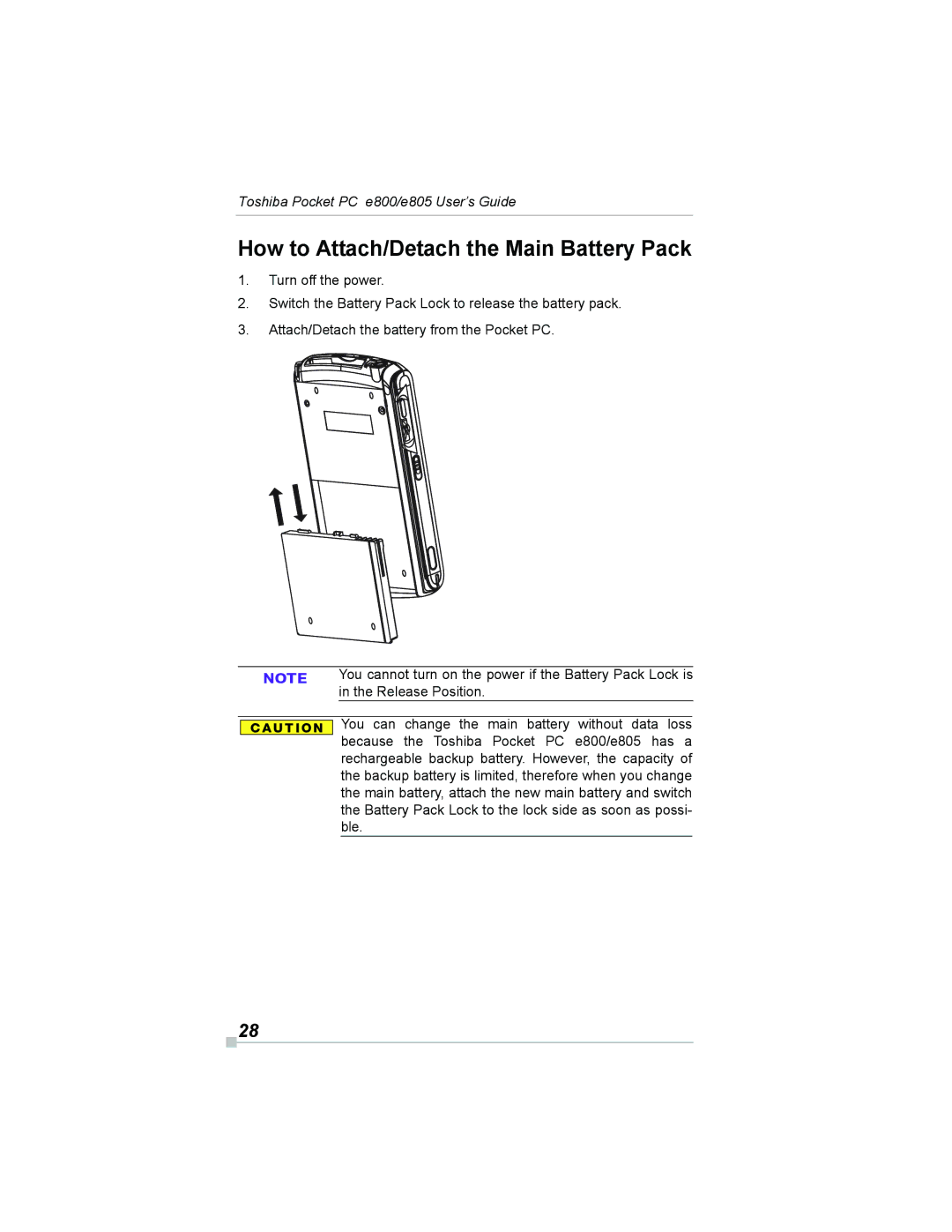 Toshiba e800, e805 manual How to Attach/Detach the Main Battery Pack, Ble 