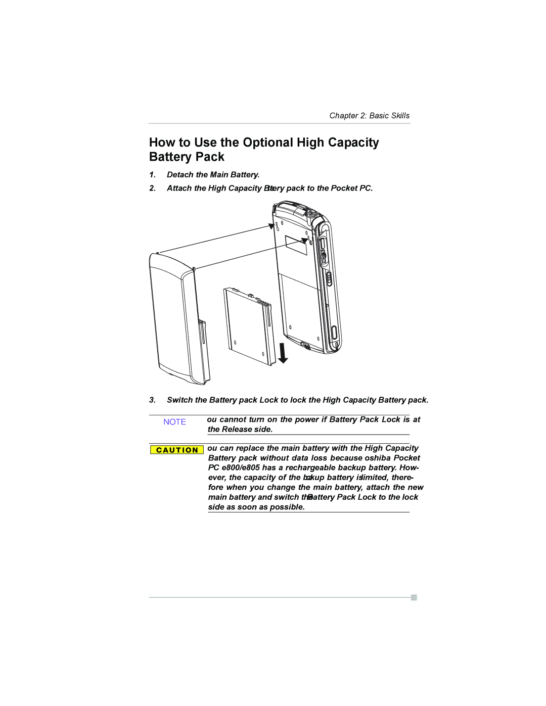 Toshiba e805 How to Use the Optional High Capacity Battery Pack, Battery pack without data loss because Toshiba Pocket 