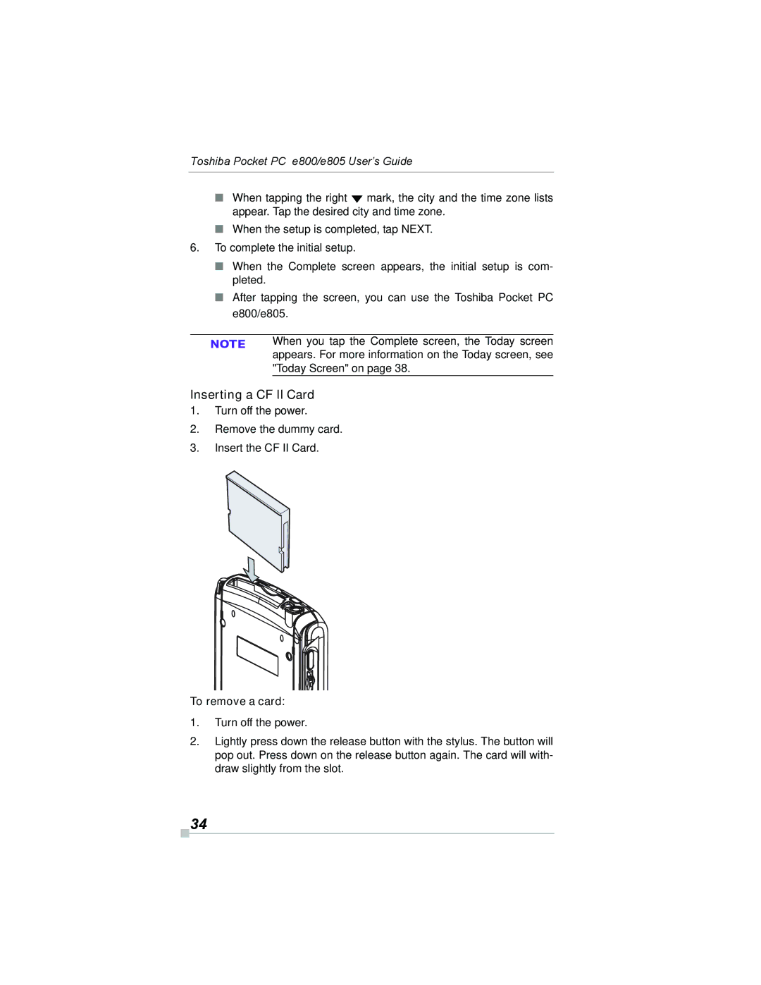 Toshiba e800, e805 manual Inserting a CF II Card, Today Screen on, To remove a card 