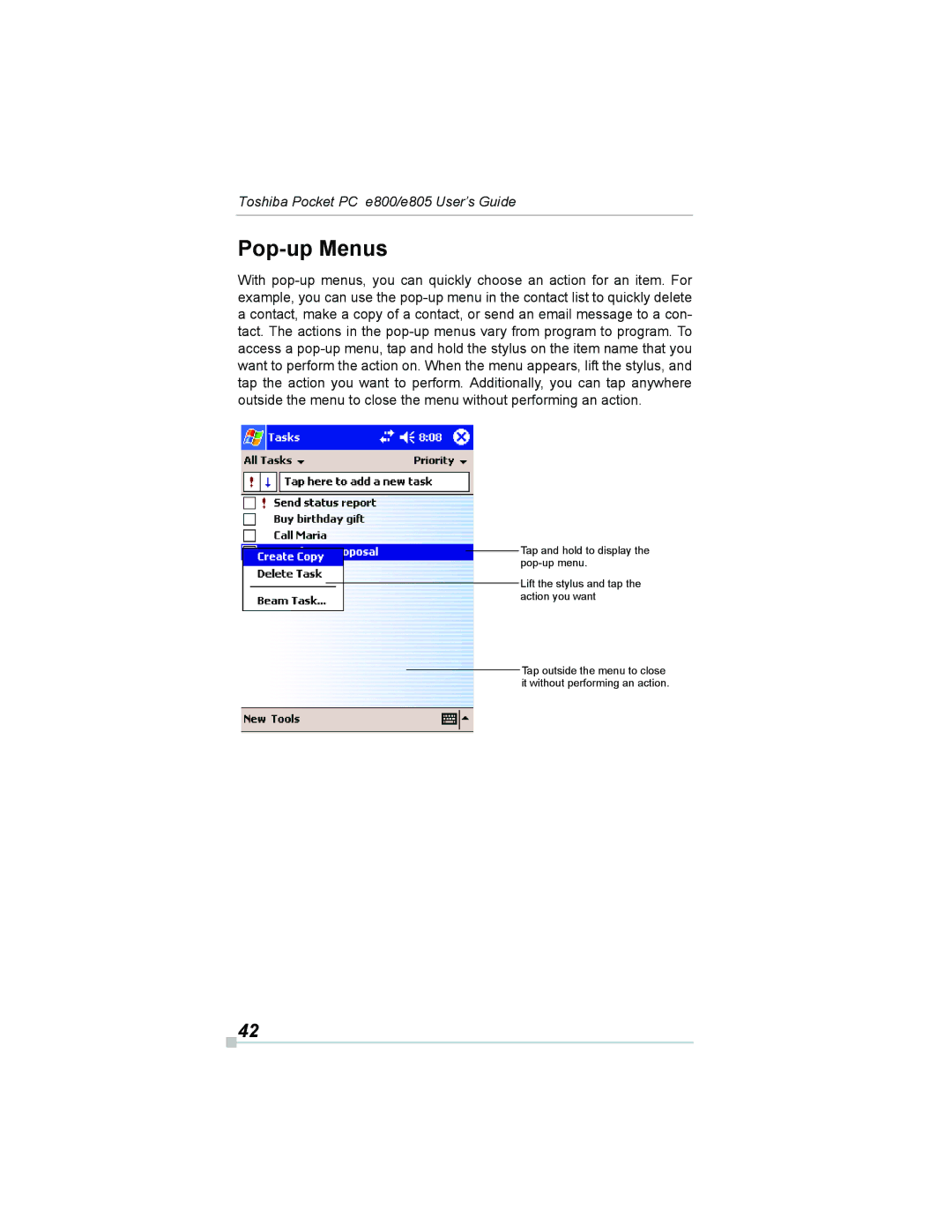 Toshiba e800, e805 manual Pop-up Menus 