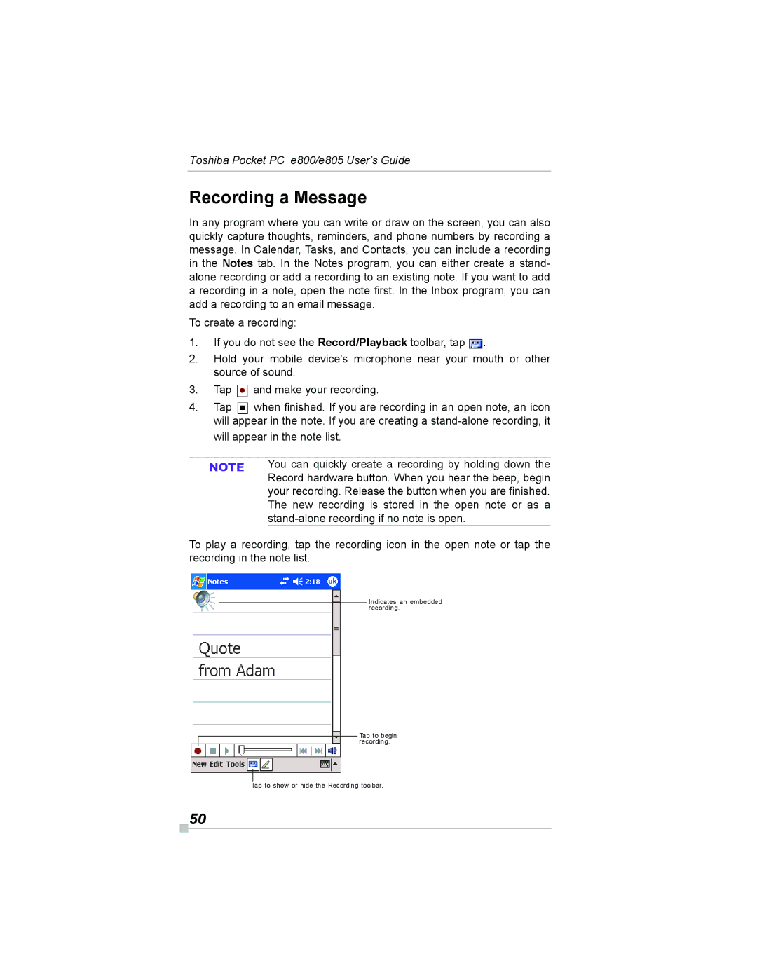 Toshiba e800, e805 manual Recording a Message, New recording is stored in the open note or as a 